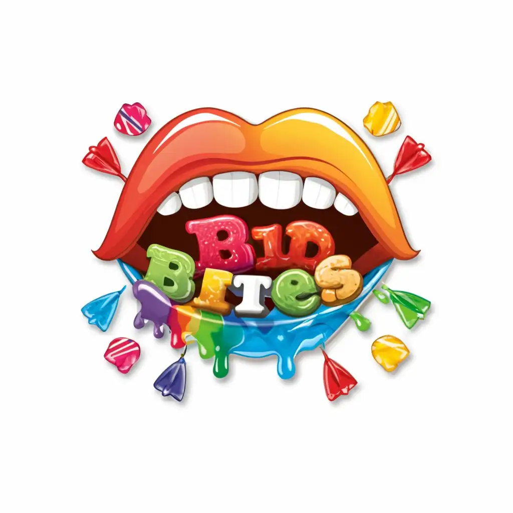 a logo design,with the text "Rainbow Bites", main symbol:Mouth/lips biting multiple pieces of candy or candy on mouth tongue,Moderate,be used in Restaurant industry,clear background