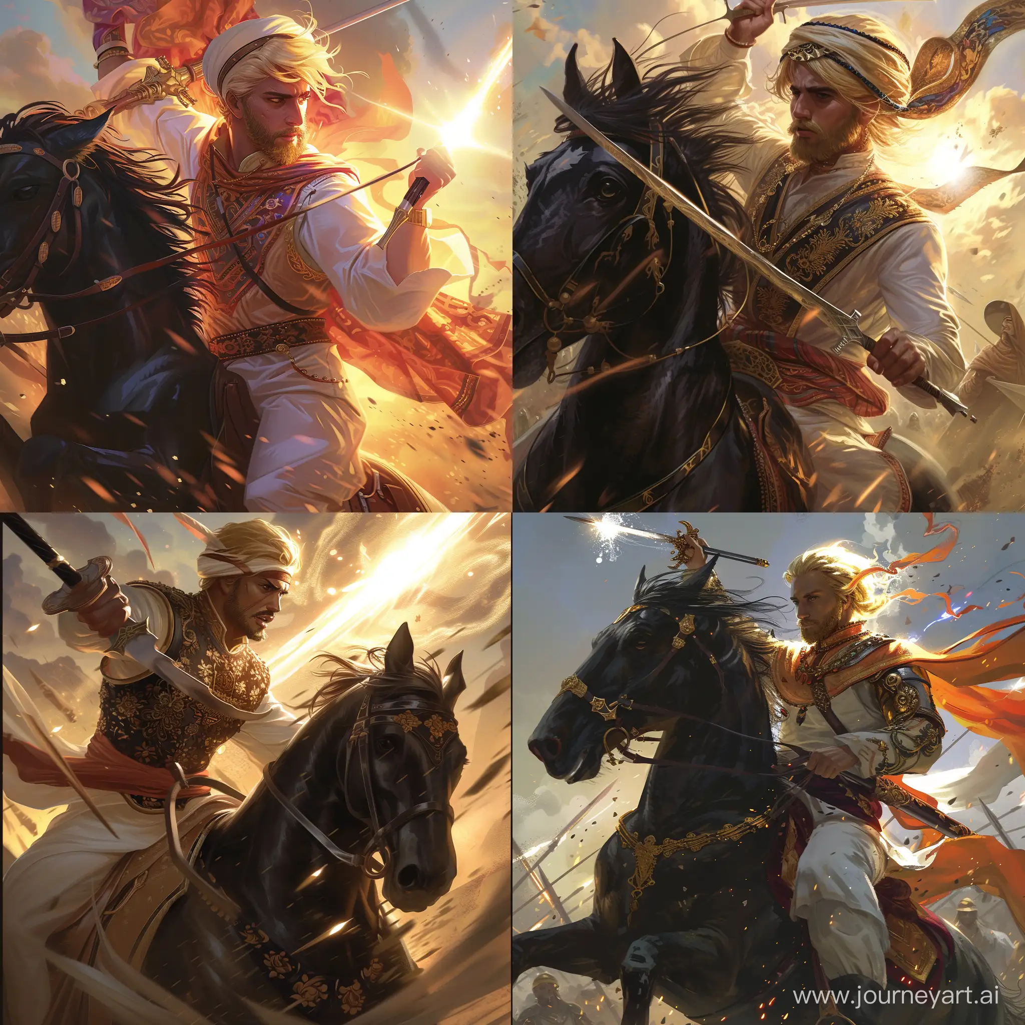 Blonde-Arab-Warrior-Riding-Black-Arabian-Horse-with-Gleaming-Sword-in-Battle