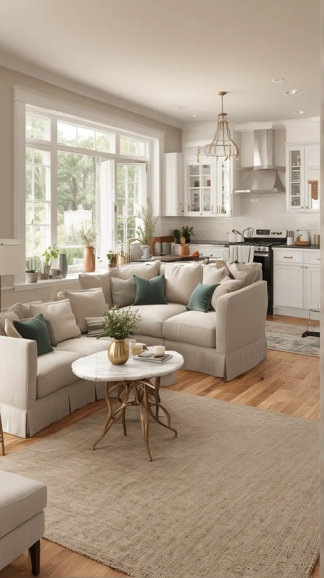 Unified Color Scheme in Small Open Concept Kitchen Living Room