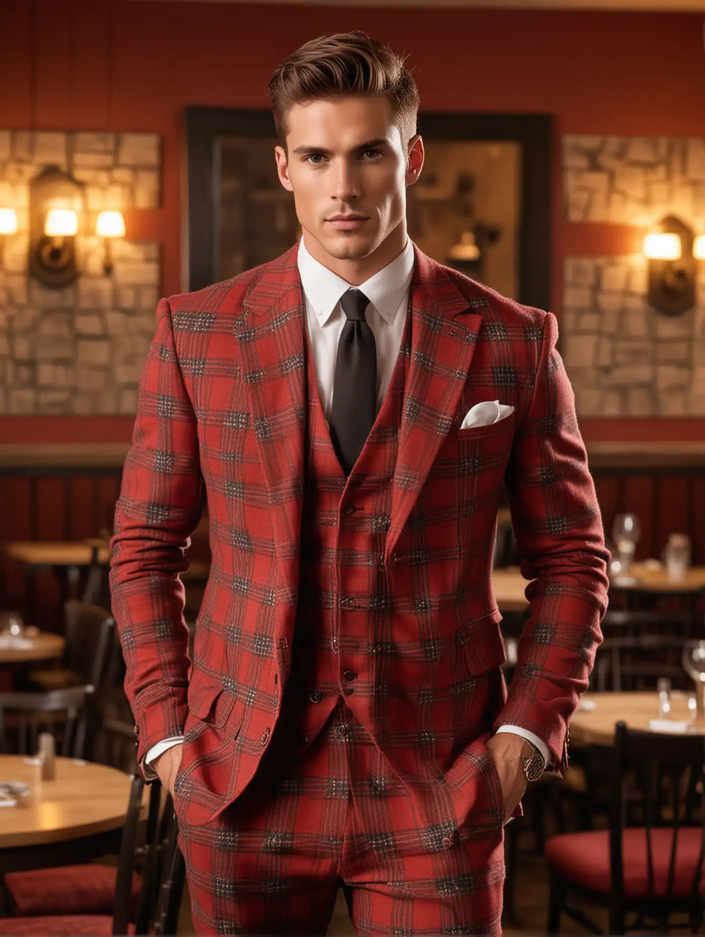 Confident British Male Model in Elegant Red Plaid Suit at Western Restaurant