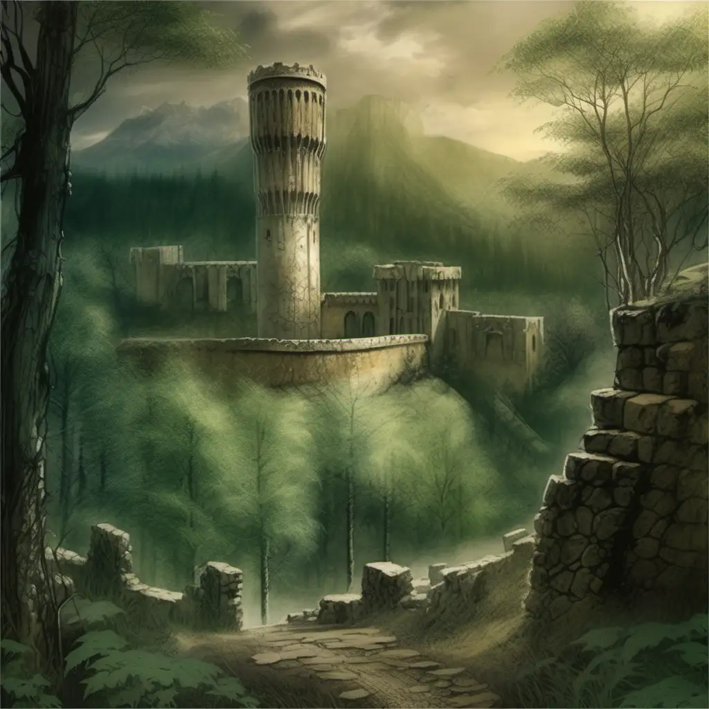 Medieval Roman Fortification in Enchanted Forest Ethereal Art Inspired by Luis Royo