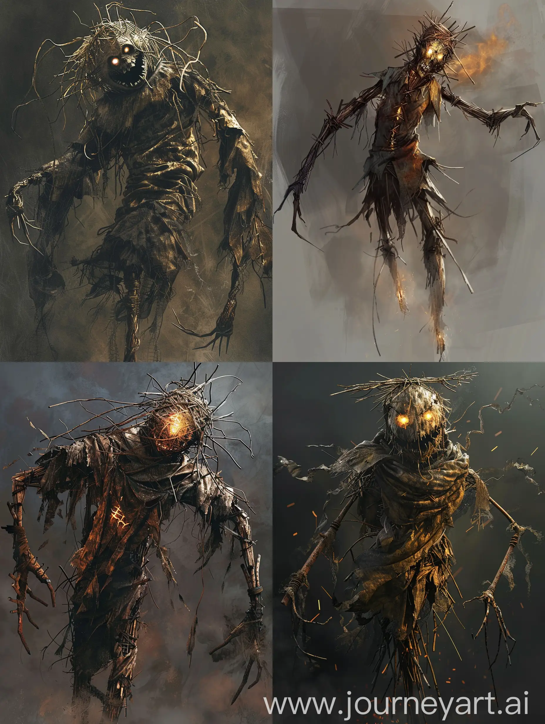 demonic-evil-scarecrow-straw-rags-twisted-leering-face-wood-head-long-thin-arms-sharp-claws-rusted-metal-glowing-eyes-otherworldly-fire-faint-aura-malevolence-fluttering-clothes-moving-arms-alive-seeking-victims-dark-maste
