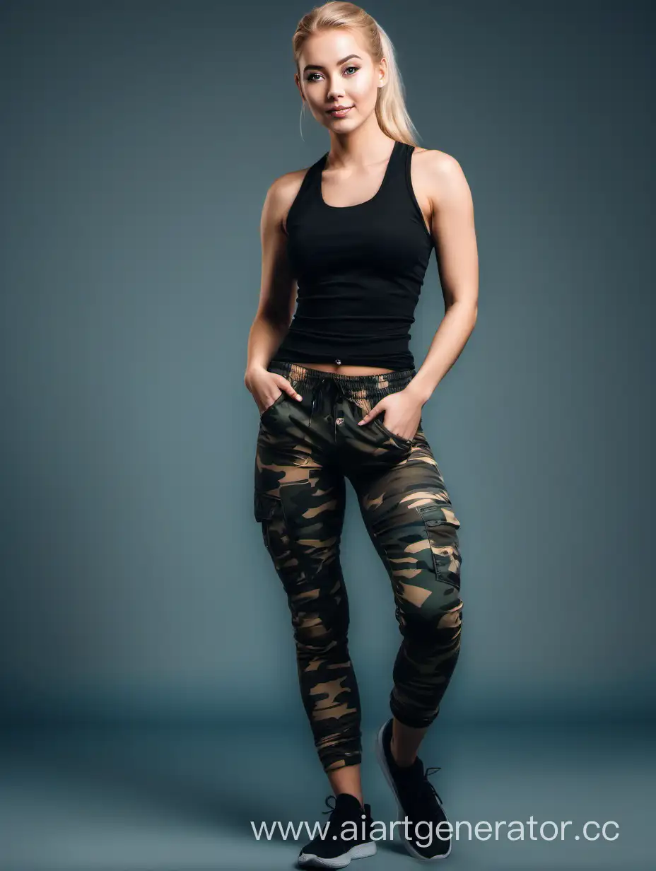 Confident-Blonde-Girl-in-Camouflage-Pants-and-Black-Tank-Top