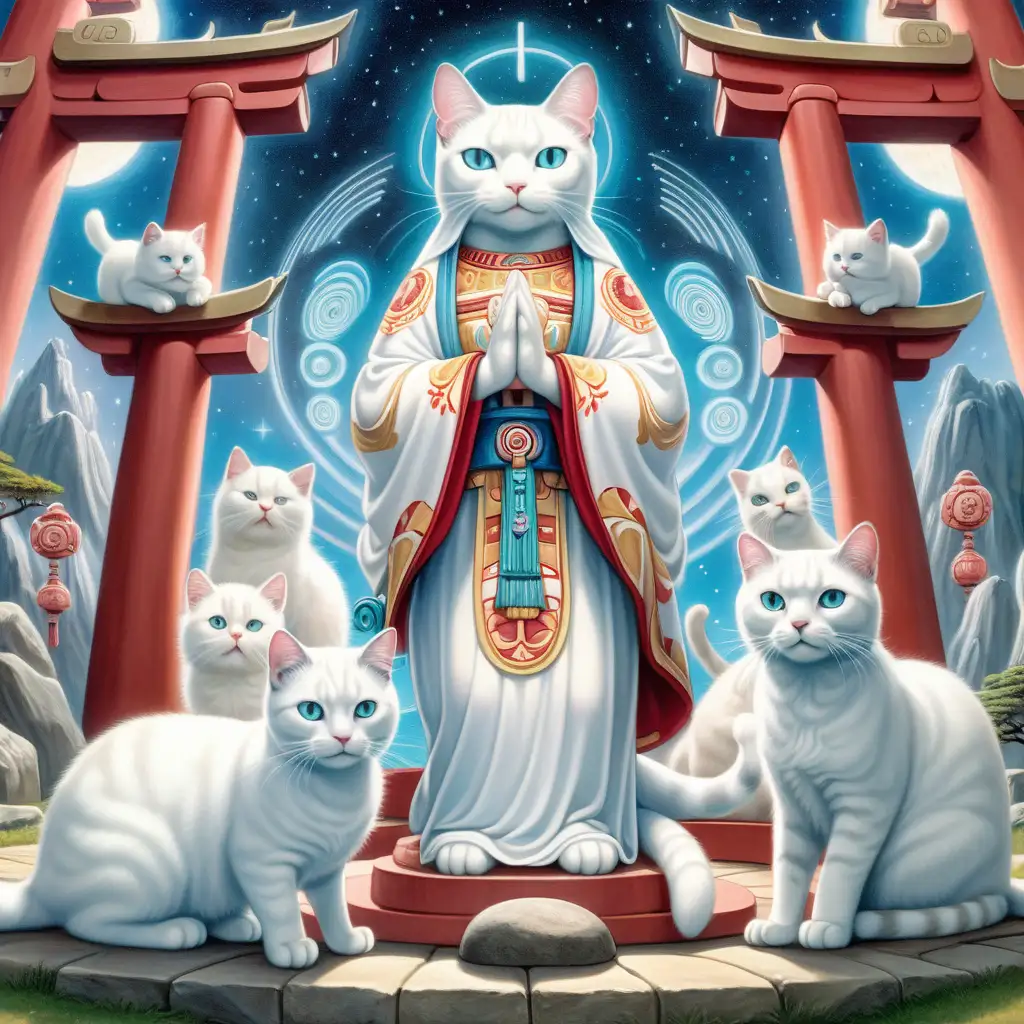 Adorable white cat with the human body of the virgin Guadalupe surrounded by smaller white cats, futuristic devotional utopian setting, standing in front of a Japanese Torri shrine, high detail, soft lighting, cosmic background, art germ, by studio Ghibli