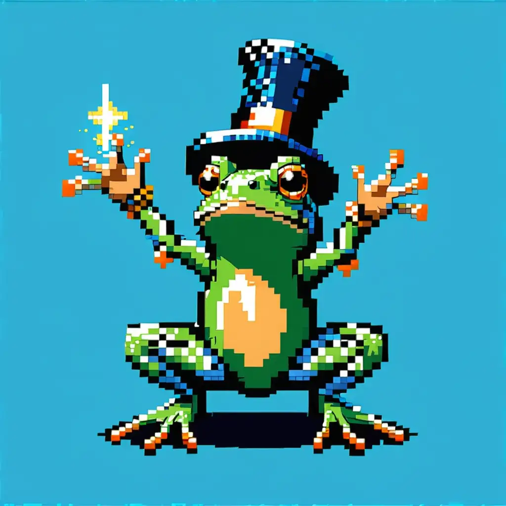 Пиксел малка жаба магьосник на син фон