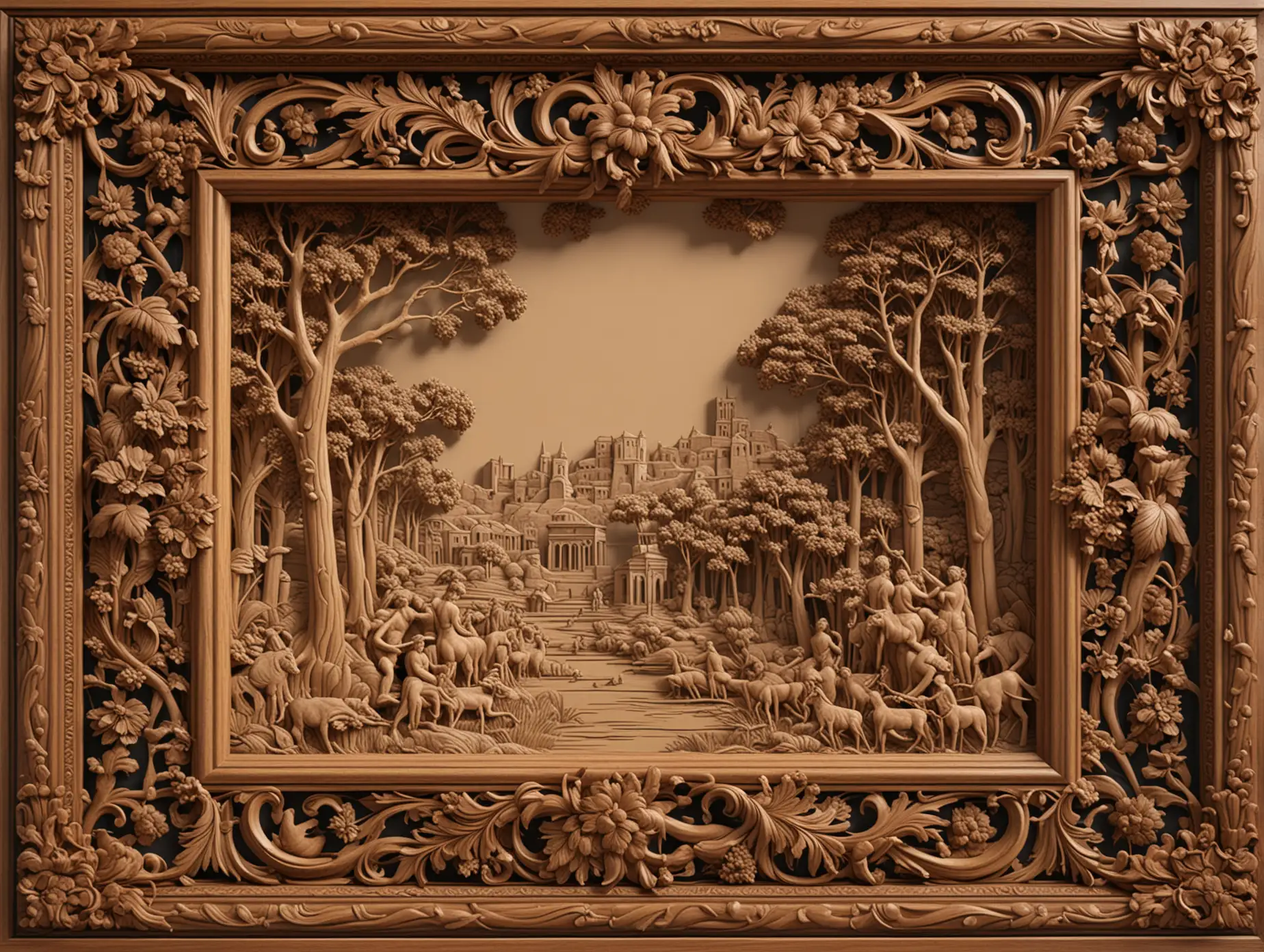 3d and tilable wood lacquer frame surround, featuring a finely carved wooden scene from Rome in the style of Aubrey beardsley