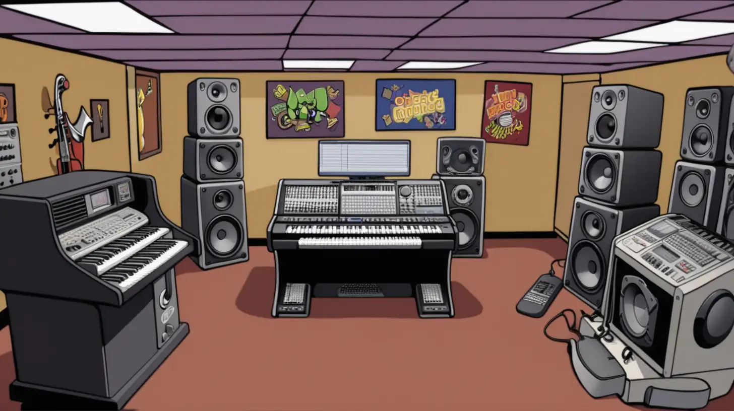 [cartoon: welcome to knock-offs]
[setting: underground lair] 
[item in setting:music studio]
[style: of early 2000s cartoon]