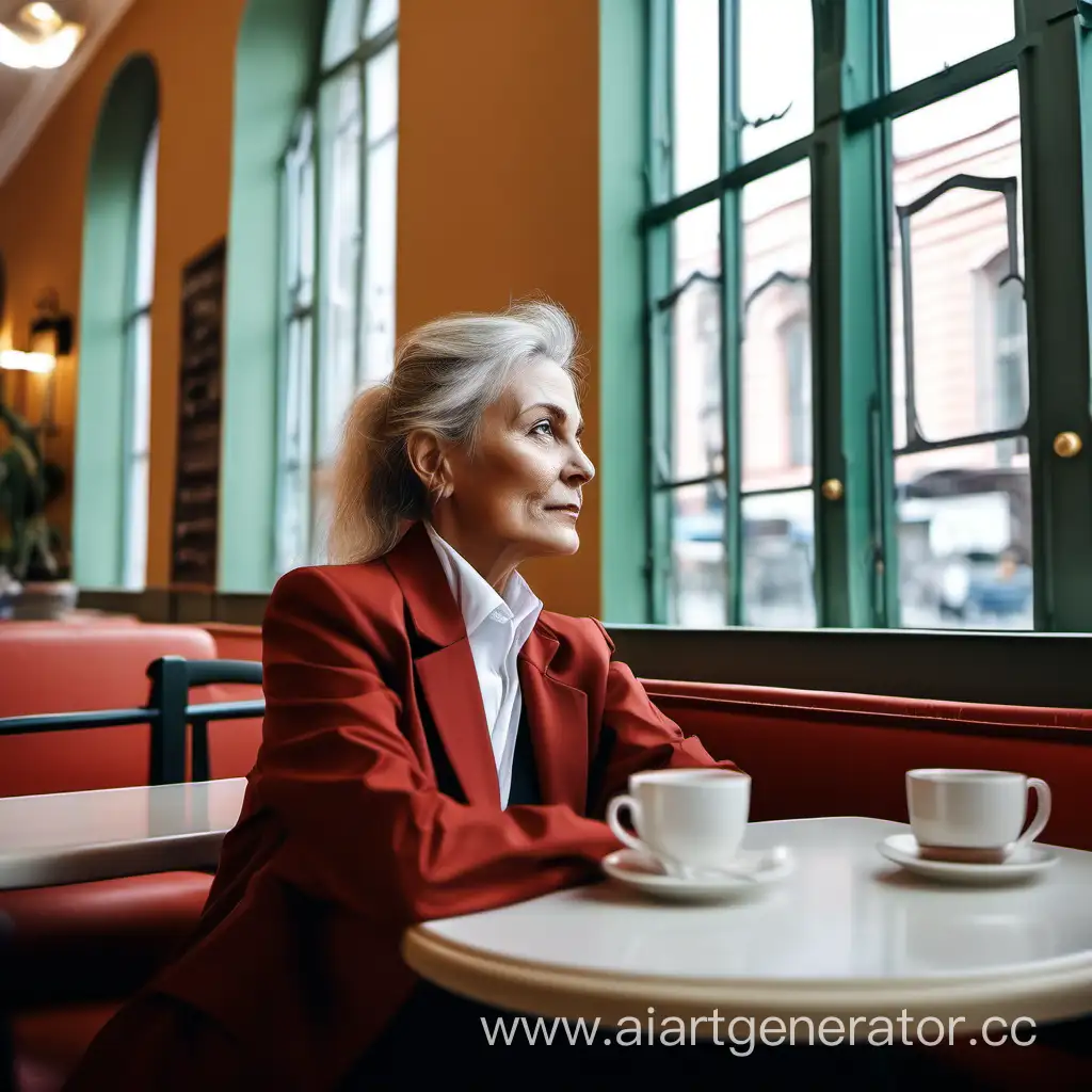 Женщина -юрист 55 лет сидит в кафе и смотрит на Санкт-Петербург, ждёт встречи с клиентом