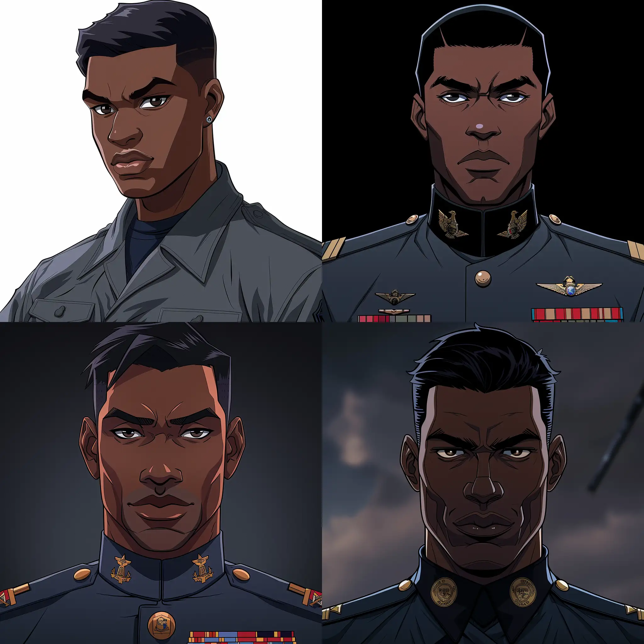 A black airforce general with a serious expression. His short, black hair, and his eyes transmit a remarkable intensity, airforce uniform, his presence commands respect,,cartoon, zoom out x1.2 --ar 140:140 --stylize 400 --v 6