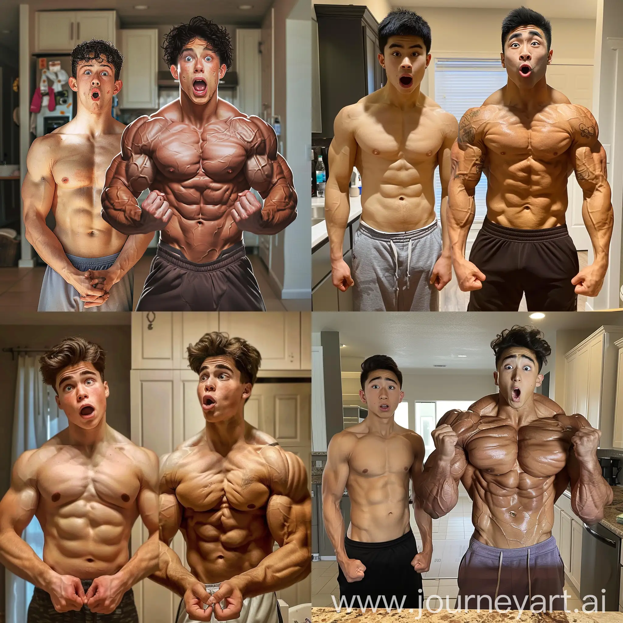 A picture of high school identical twin brothers. One is thin and unassuming, surprised at his brother’s transformation. The other has transformed into a fully grown pro bodybuilder and is in awe of his new physique, looking at his new muscles in wonder