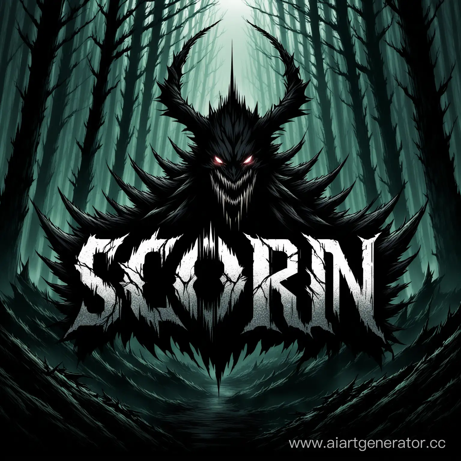 PMCs logo with the name SCORN , black forest , dark tones , aggressive look