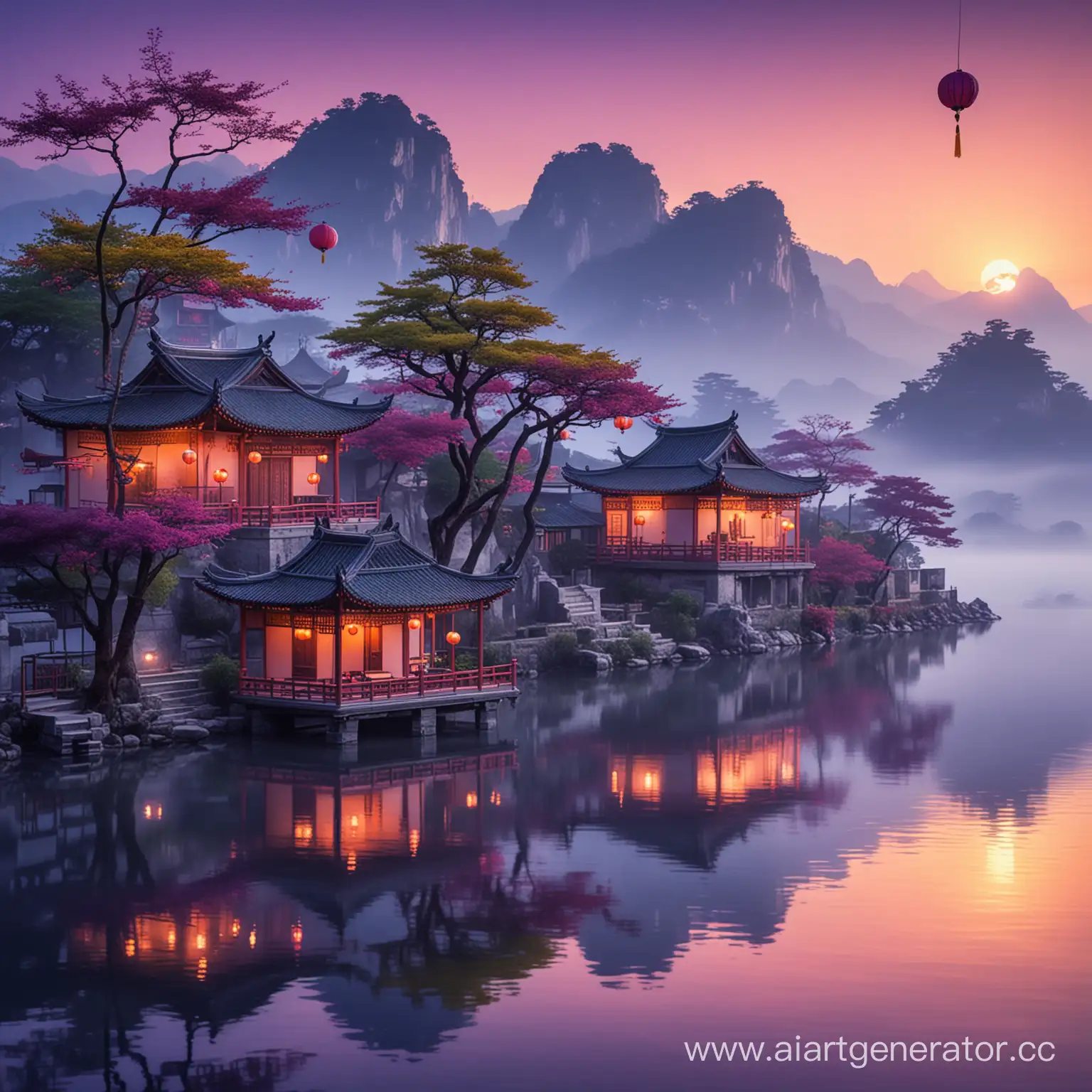 острова на воде, китайские дома и деревья, туман скрывает горы, китайски фонари шелковые на воде, фиолетовые тона, закат, средневековая япония