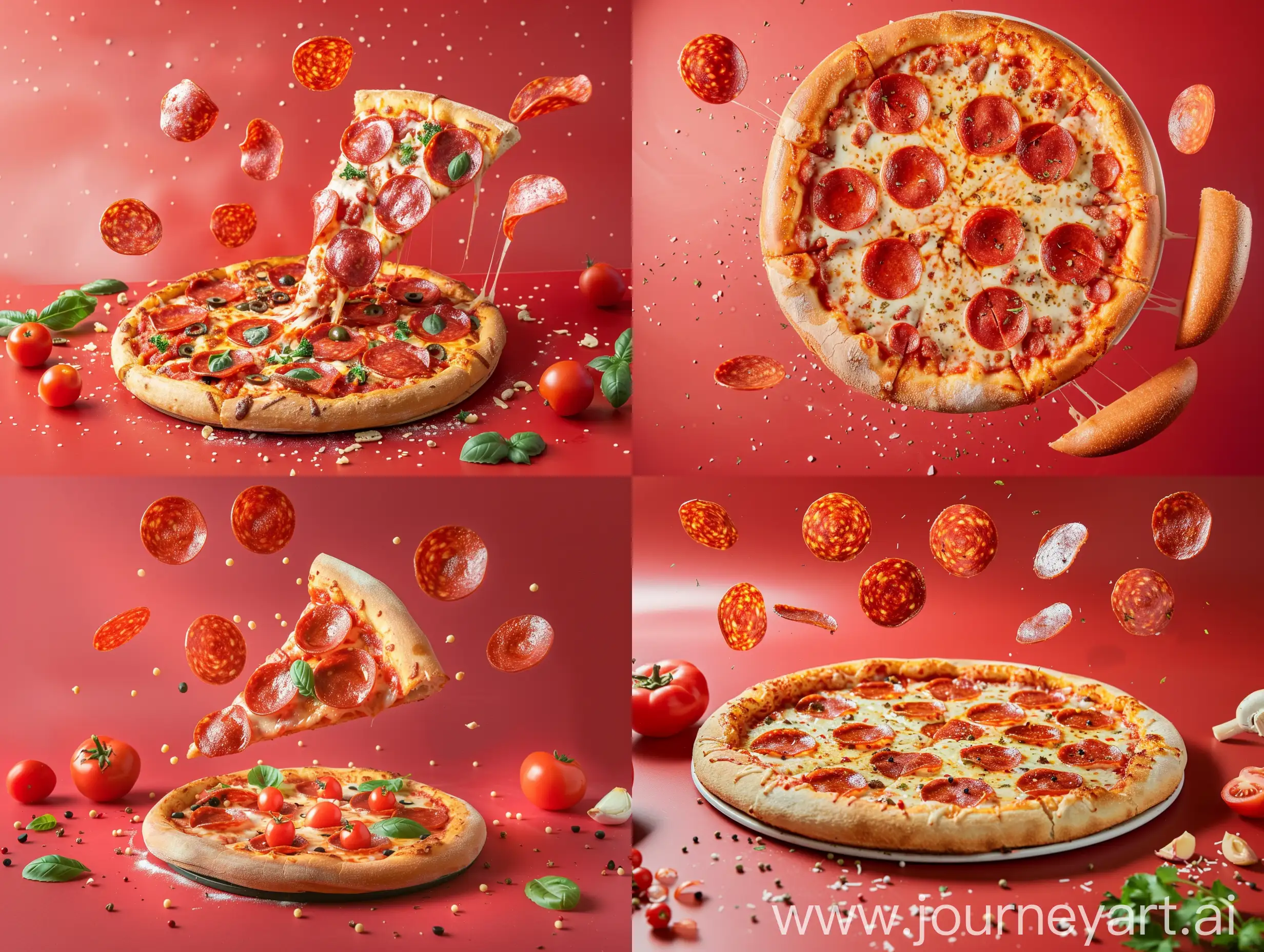 pepperoni pizza with flying ingredients on a red background
