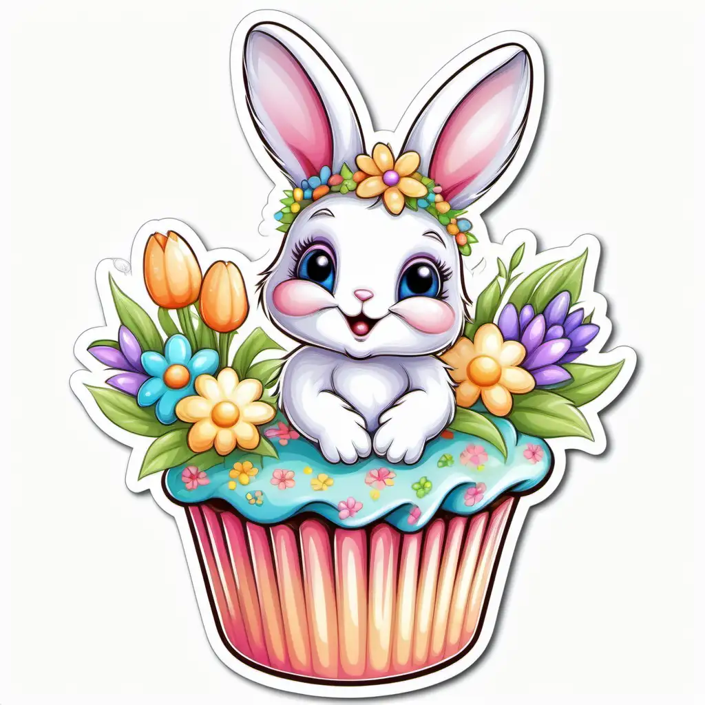 fairytale,whimsical,
COLORFUL 
cartoon,EASTER BABY BUNNY STICKER, spring flowers ,DECORATED CUPCAKE,
bright pastel, white background,