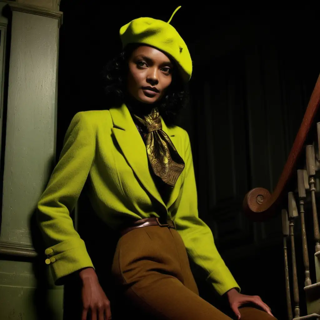 Actress Sara Martins 1940's french woman chartreuse beret and cravat brown jodhpurs on inside staircase of large manor house dark at night