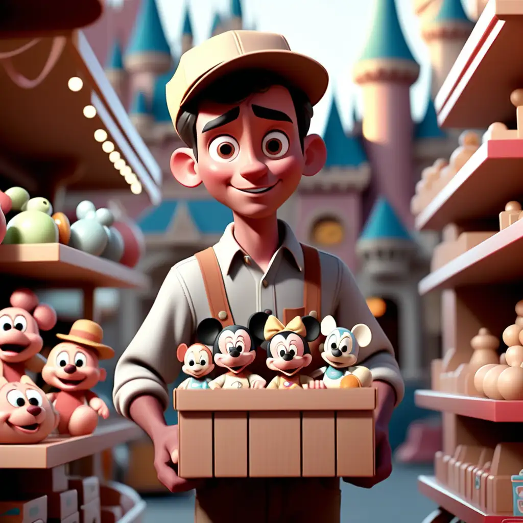 generar imagen con estilo de animación tipo Disney de un vendedor de juguetes con tonos claros y mucha luz