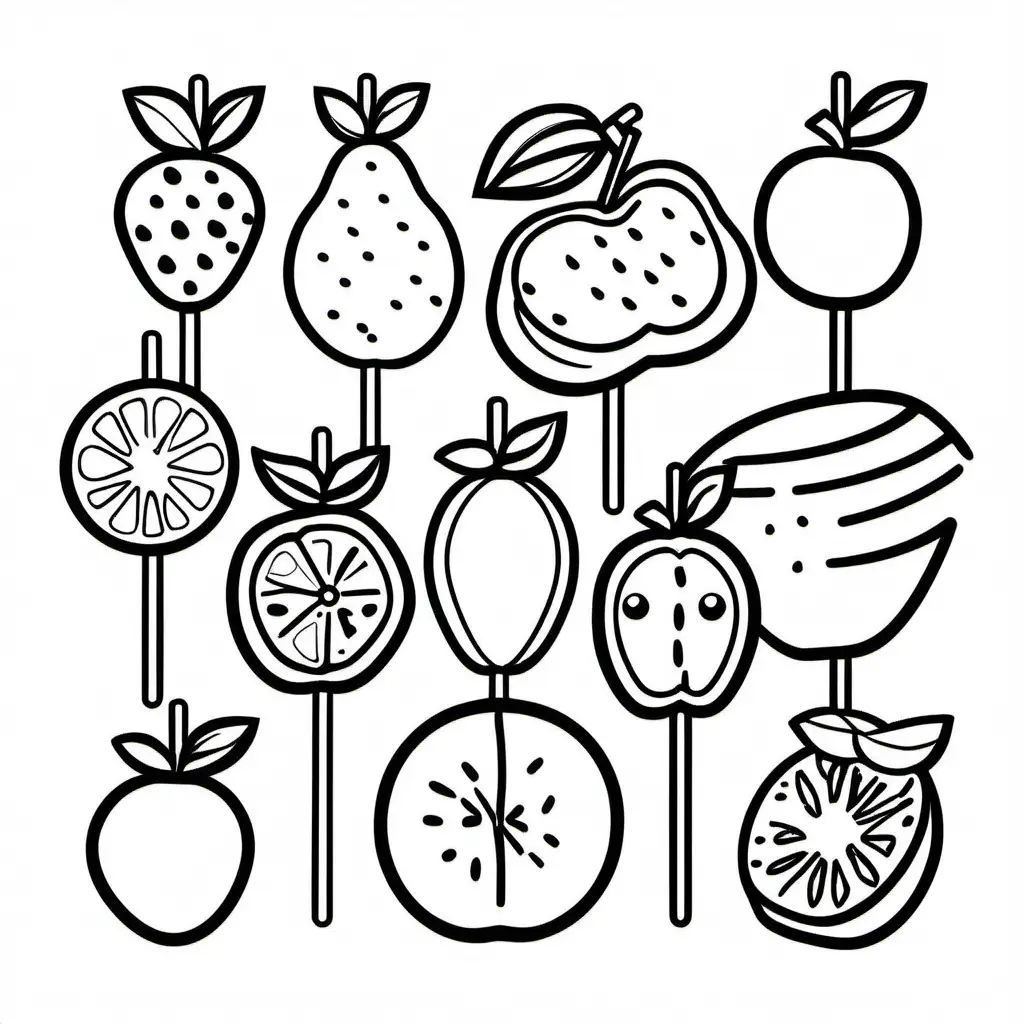 Create a bold and clean line drawing a Fruit skewers . without any background  , Coloring Page, black and white, line art, white background, Simplicity, Ample White Space. The background of the coloring page is plain white to make it easy for young children to color within the lines. The outlines of all the subjects are easy to distinguish, making it simple for kids to color without too much difficulty