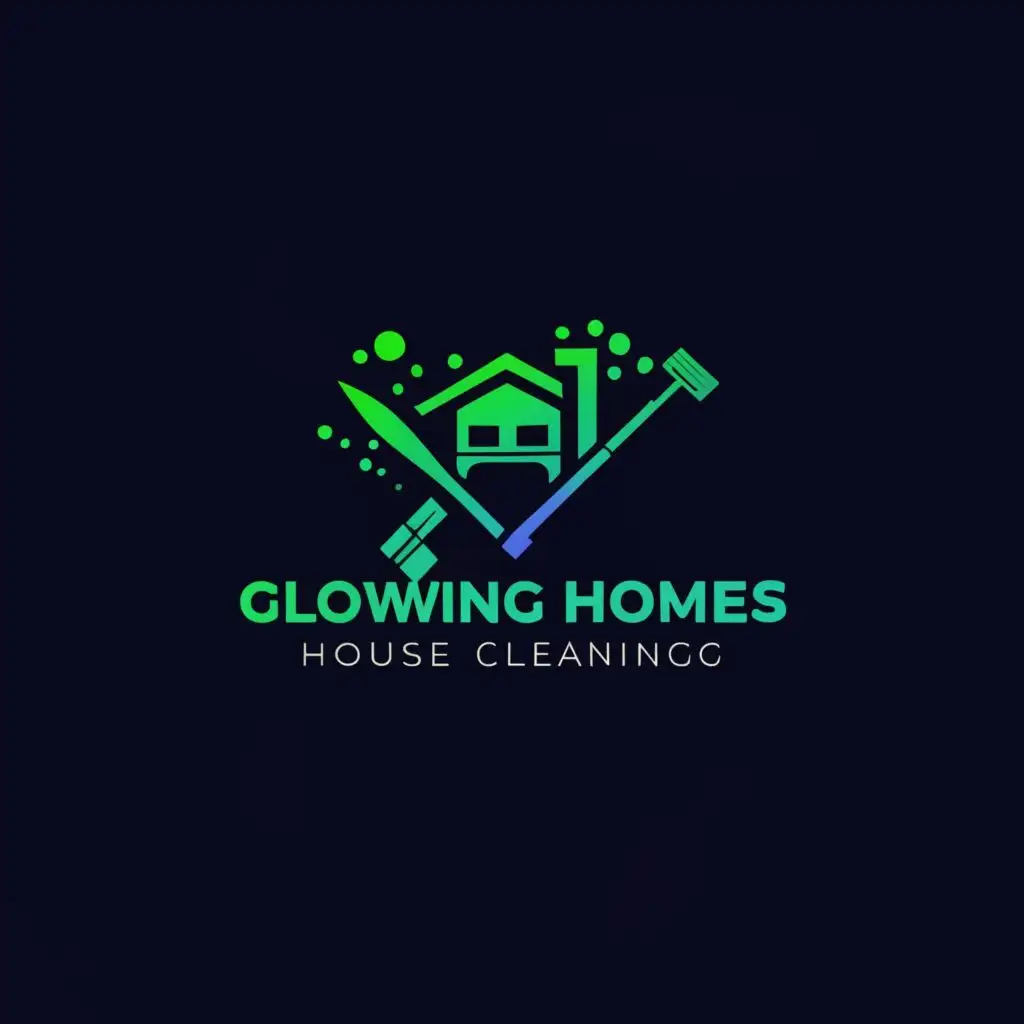 a logo design,with the text "Glowing Homes House Cleaning", main symbol: with fancy lettering and cleaning supplies like broom, mop, vacuum, sray bottle Bright Bluish Green ,Moderate,clear background