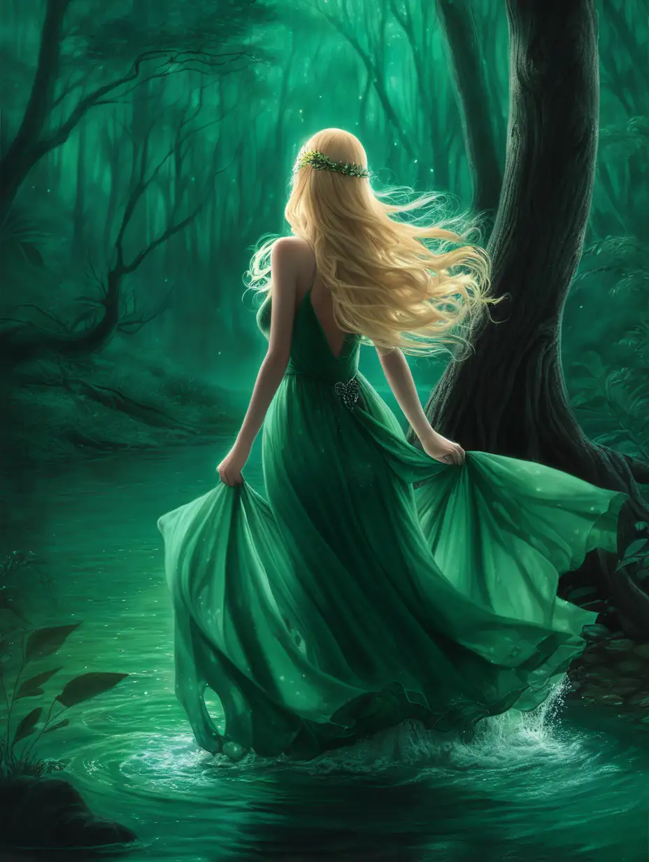 a girl coming out of the water in a elegant green dress with long blond hair and a magical dark forest background