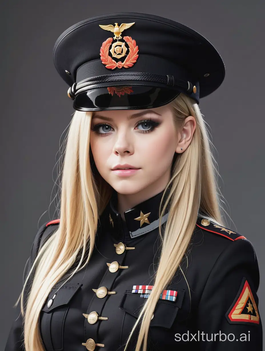 Avril lavigne modeling in fitted black military uniform, whole body