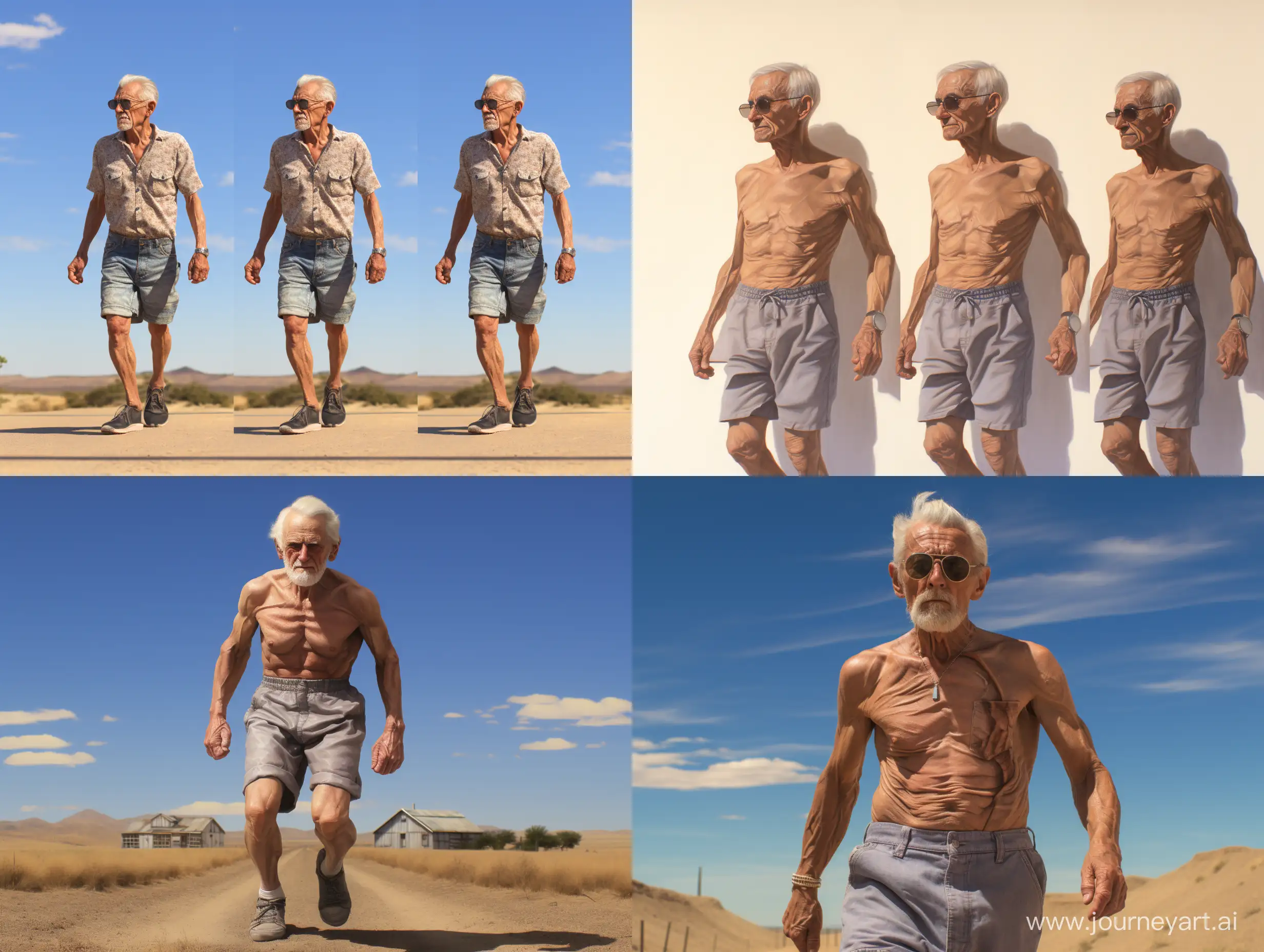 Old man having six packs and walking in sunlight realistic, hyperdetailed, photorealistic hyperdetailed