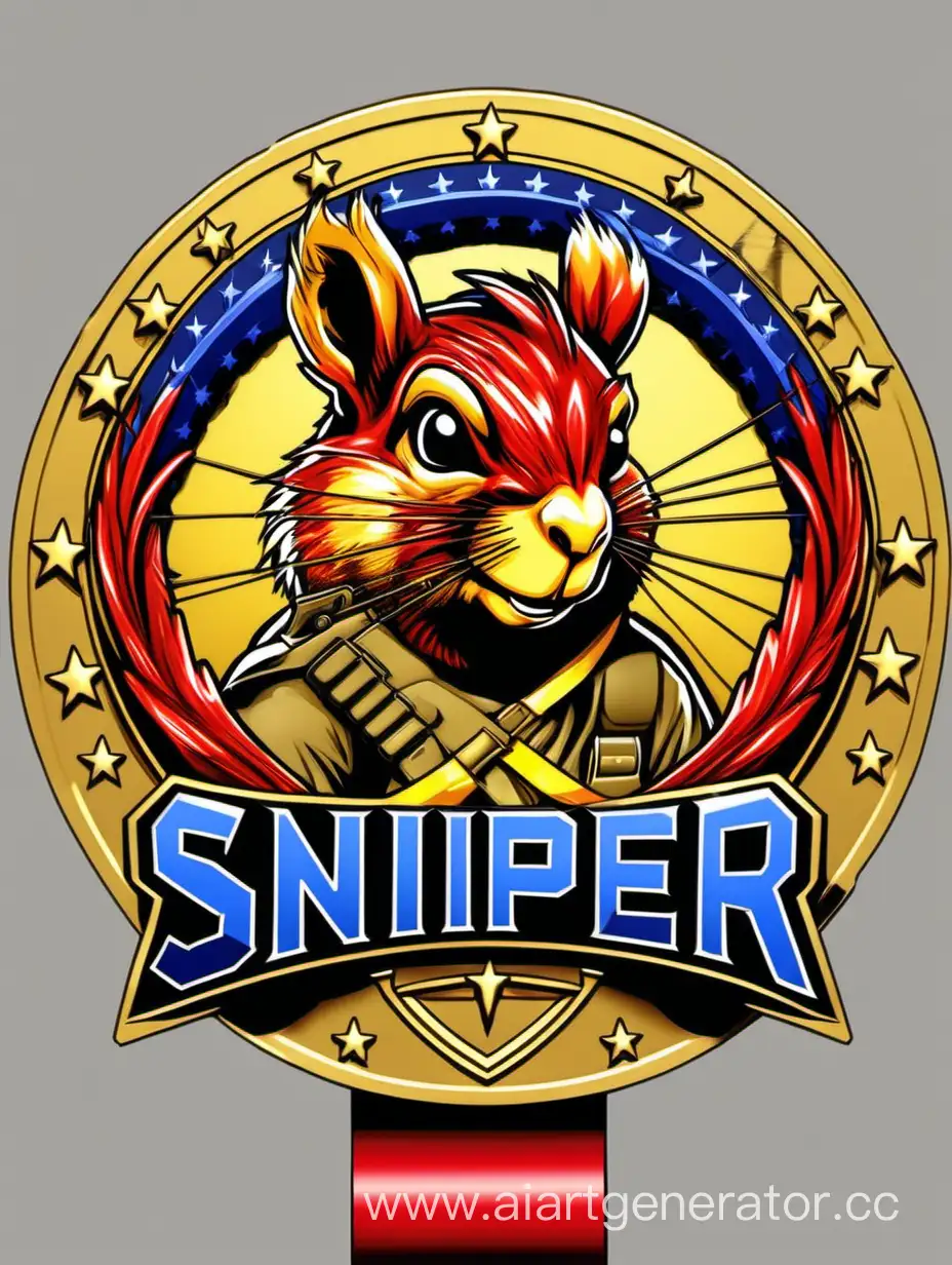 Design of the award medal for sniper skills, with angry squirrel below medal, symmetrical red-blue-yellow ribbon ribbons