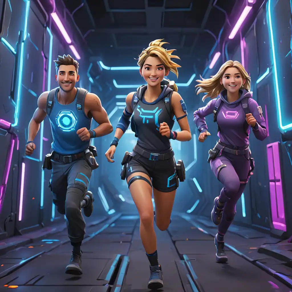 the theme is sci-fi with blue neon and metal walls,
draw two colorful Fortnite characters named John and Emma,
these 2 characters are running an obstacle course,
they are smiling,
there are NO persons in the background,
close-up.
