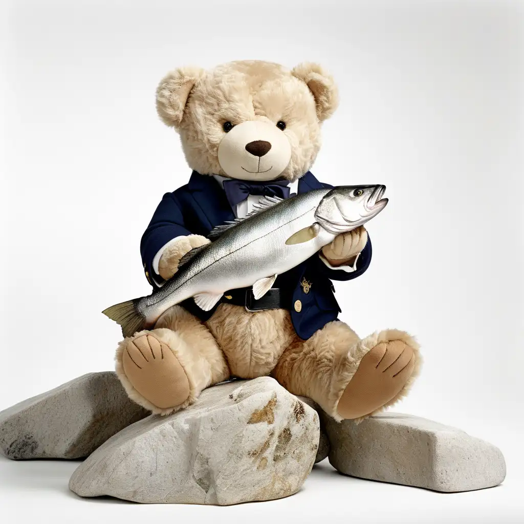 Ralph Lauren Teddy bear, sat on the rocks, holding a seabass in both hands, white background 