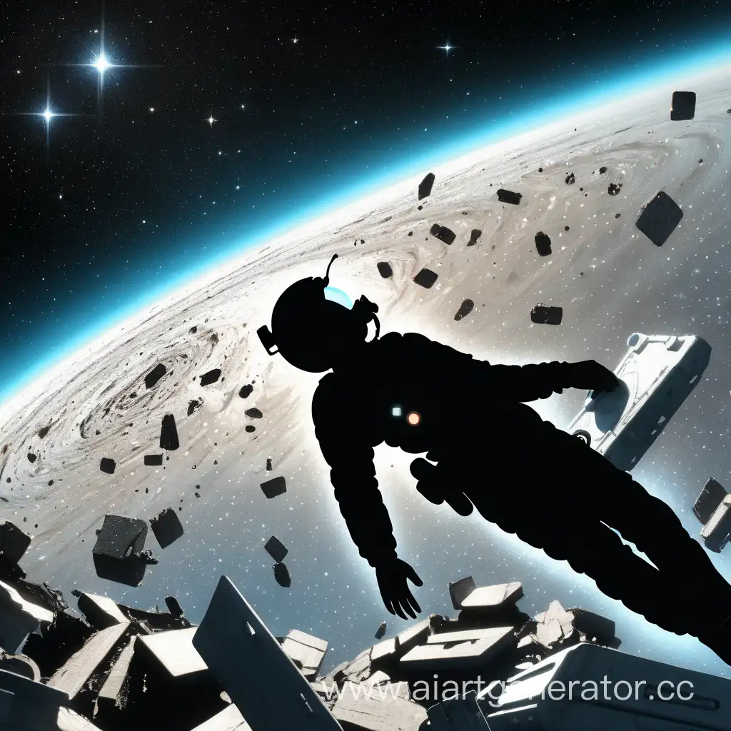 Силуэт человека лёжа летит в космосе среди обломков любуясь на звёзды.