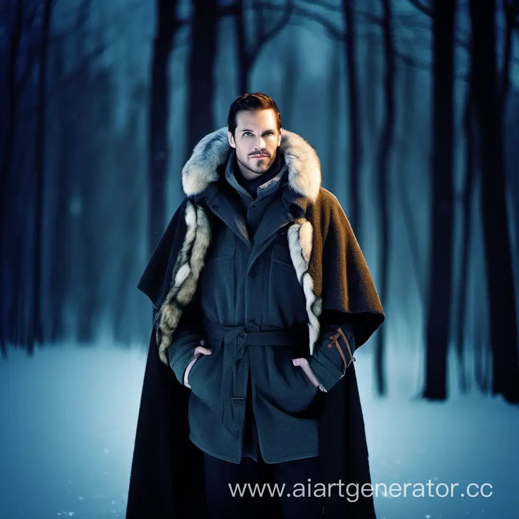 Archer, winter forest, fur cape, man, night, portrait