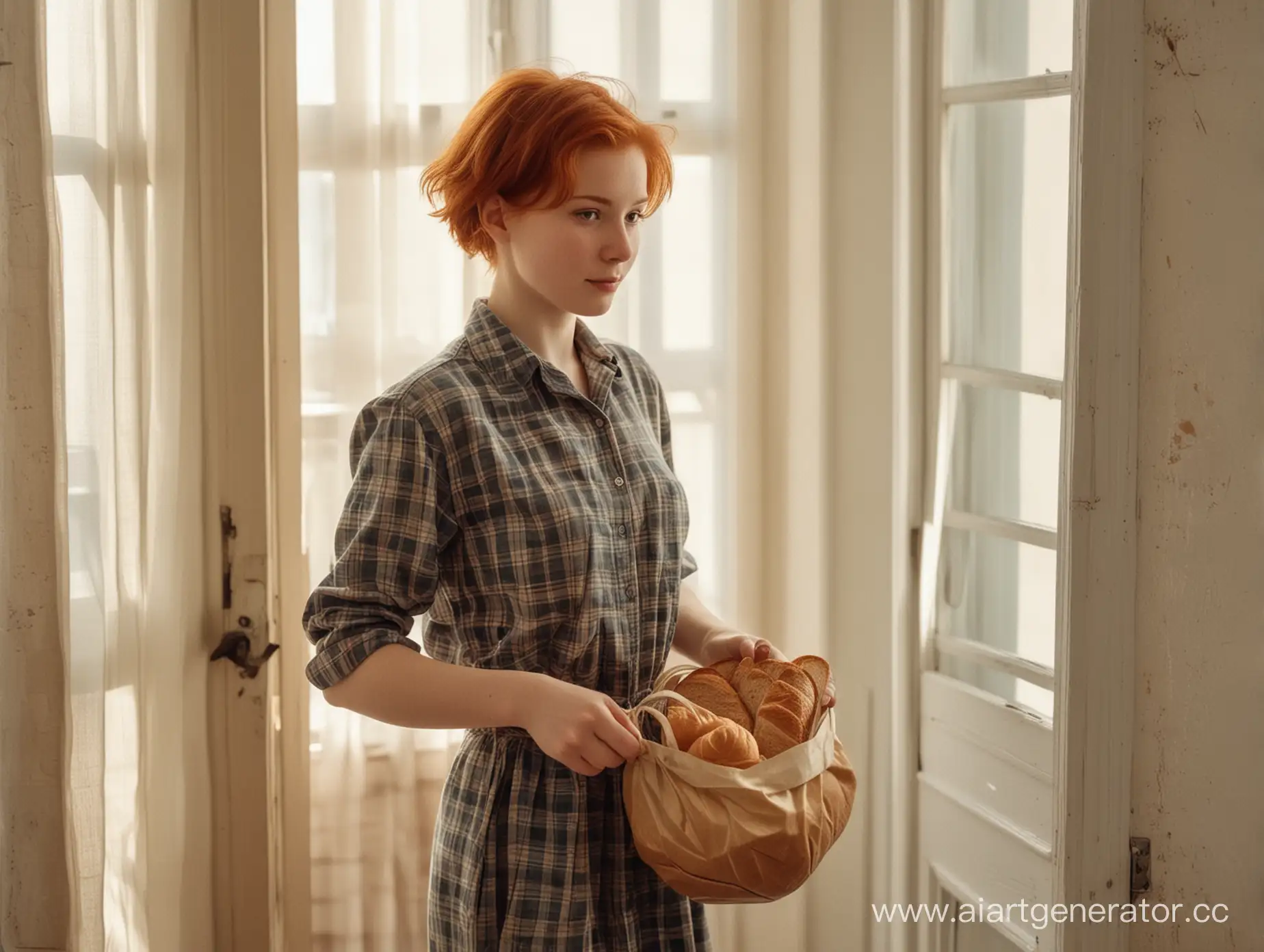 Vintage photo of a thin young red-haired short-haired girl in a checked shirt entering a cozy sunlit soviet apartment with bread and milk in a string bag. 