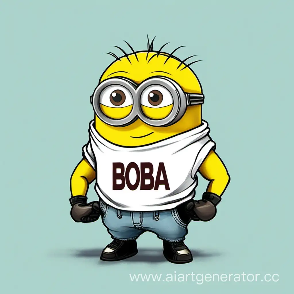 Маленький миньон с мышцами в футболке с надписью "BOBA"
