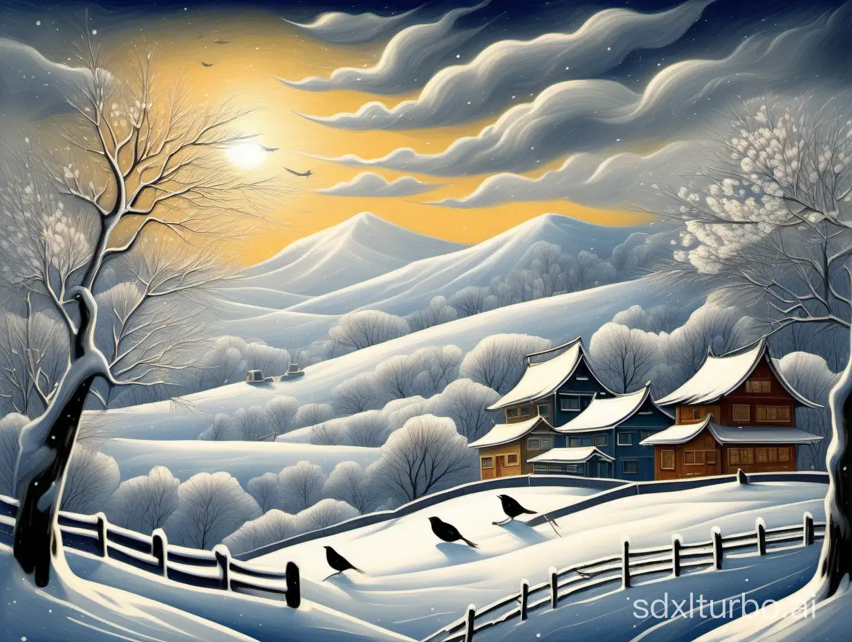 National style, illustration, hand-painted picture of snowy buildings with winter mood. The ground was covered with snow, the trees were covered with silver, the sky was blue, and everything slept quietly in the cold. The peaceful village, with icicles hanging from the eaves and roads covered with frost, was deserted. The wind blows from the mountains, making a harsh whistling sound, which seems to tell a story about loneliness and loneliness. Only birds occasionally fly by, leaving short footprints. The sun hangs in the sky, but it radiates a cold light and no longer brings warmth to the world. In winter, nature also seems to become melancholy, and all colors are replaced by fading and wilting. However, in such a season, we can also see the other side of life, that is tough and unyielding. The pine and cypress standing in the cold wind and the plum blossom in the snow and ice show the power and beauty of life in their own unique ways.