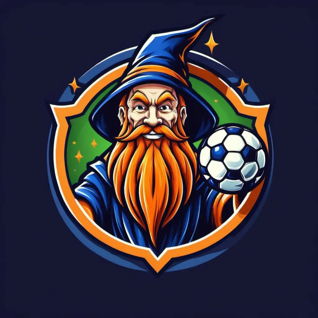 design a logo of a wizard and a soccer ball. The wizard should have an orange beard and muscles, the wizard should be smiling