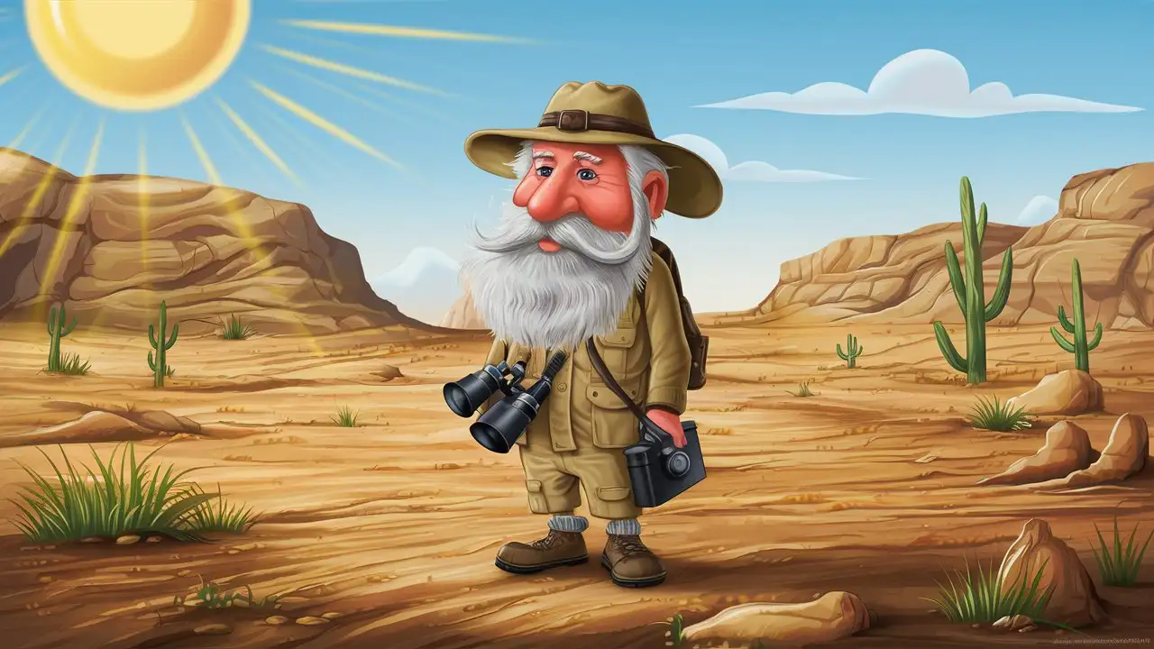 Elderly White Man with Safari Cameras in African Desert