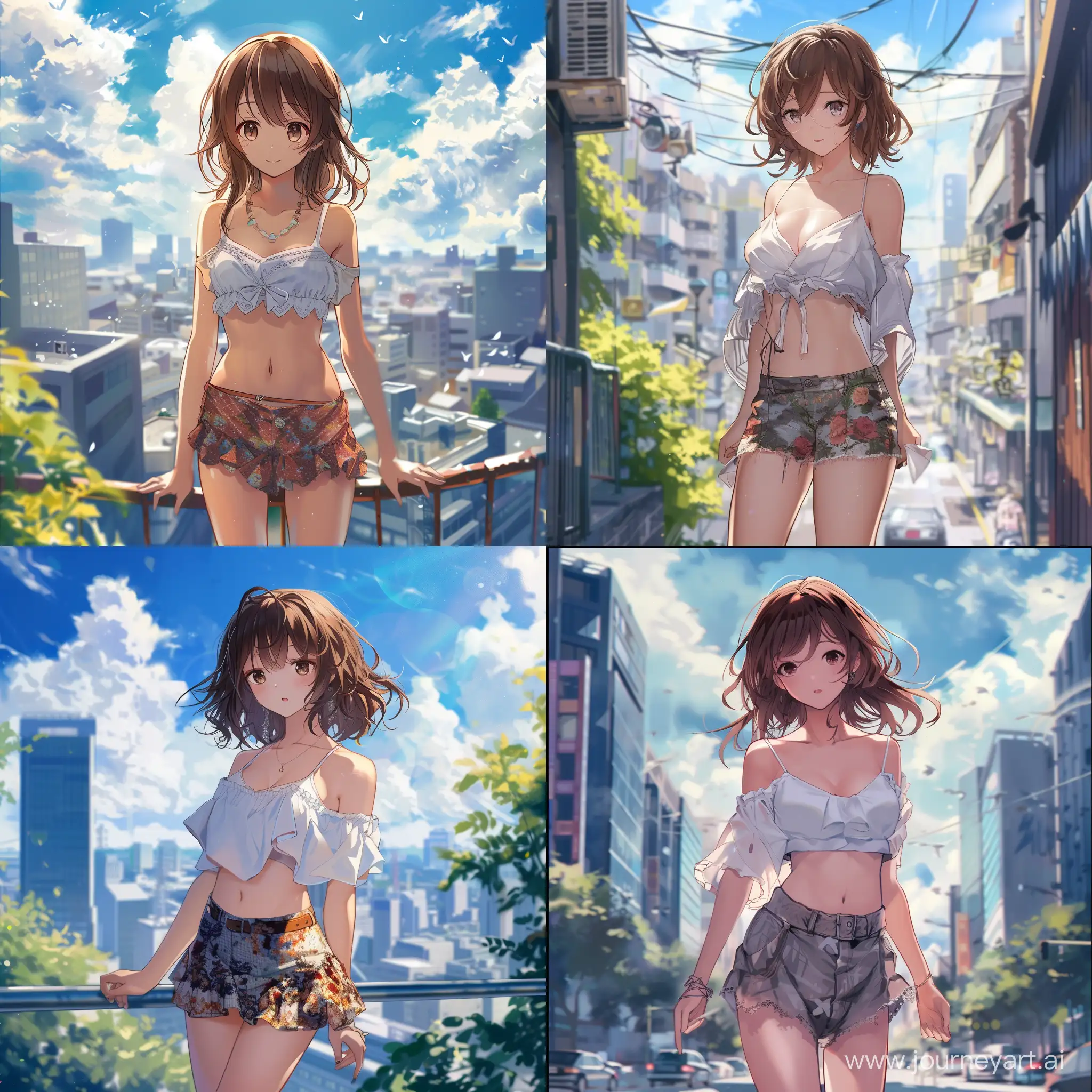 anime characters girl with brown hair . city . cute clothes. short skirt. white top.