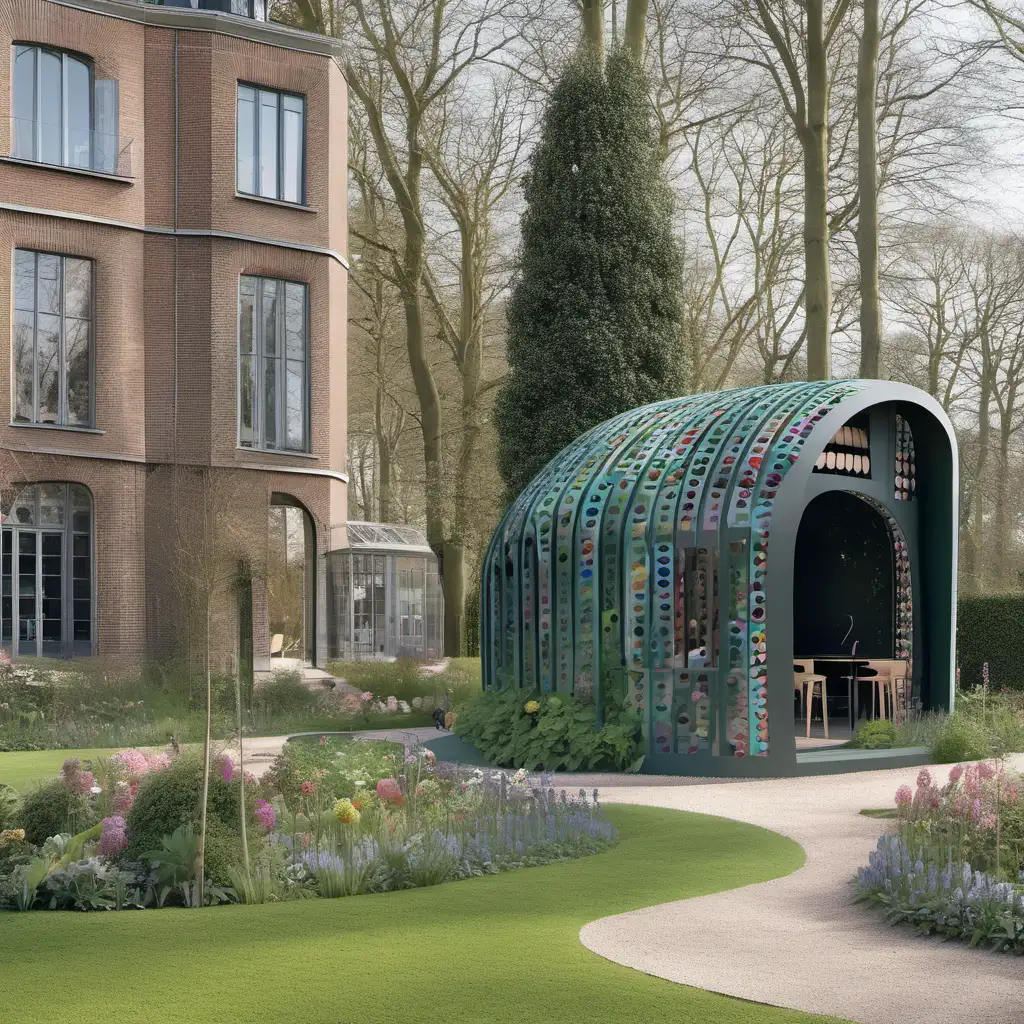 Imagine a garden folly in de style of MVRDV architect in this garden.