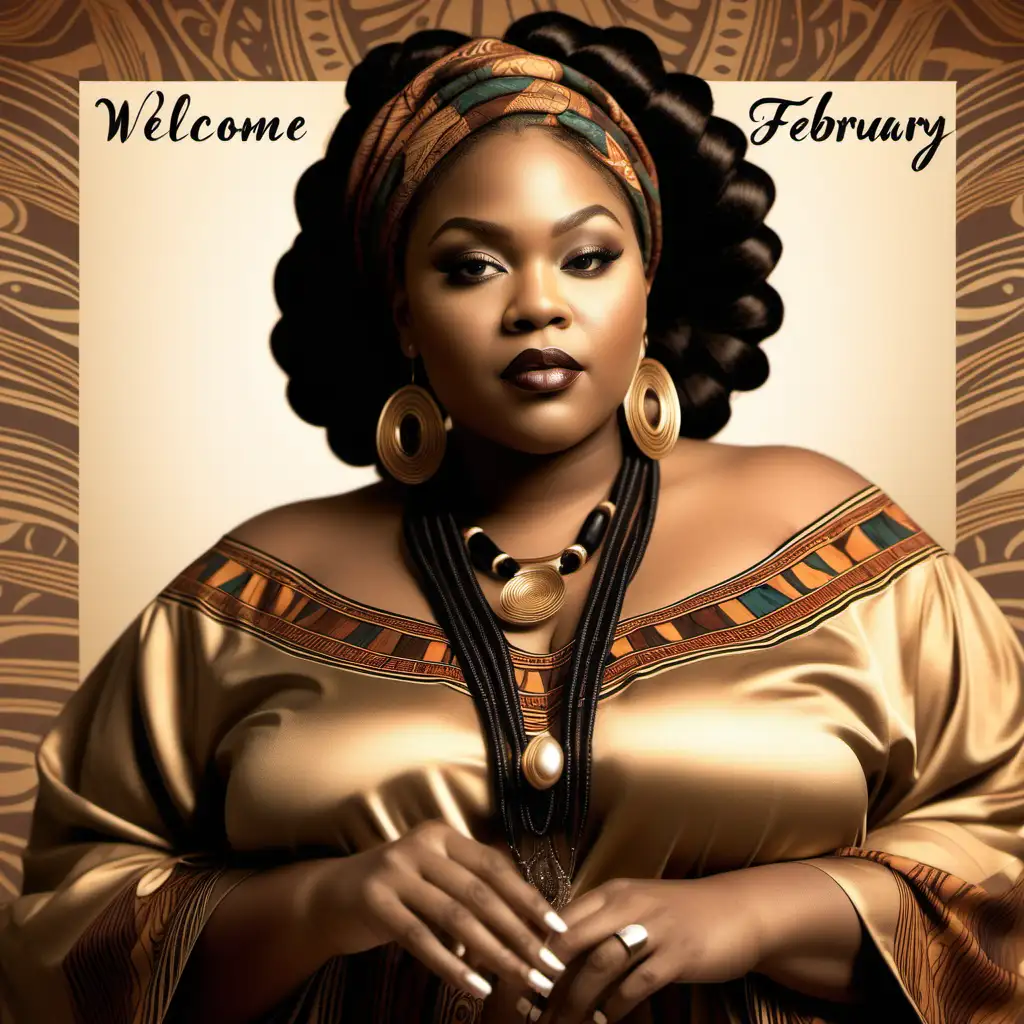 I'D LIKE YOU TO PLEASE CREATE A SEPIA-TONE PHOTO OF AN AFRICANAMERICAN PLUS-SIZED WOMAN IN FULL TRADITIONAL KAFTAN ATTIRE, FLAWLESS MAKE-UP, LONG TWIST BRAIDS, AND AFRICAN JEWELRY. THE BACKGROUND IS DESIGNED WITH THE AFRICAN-AMERICAN HISTORY THEME AND THE TEXT 'WELCOME TO FEBRUARY.'