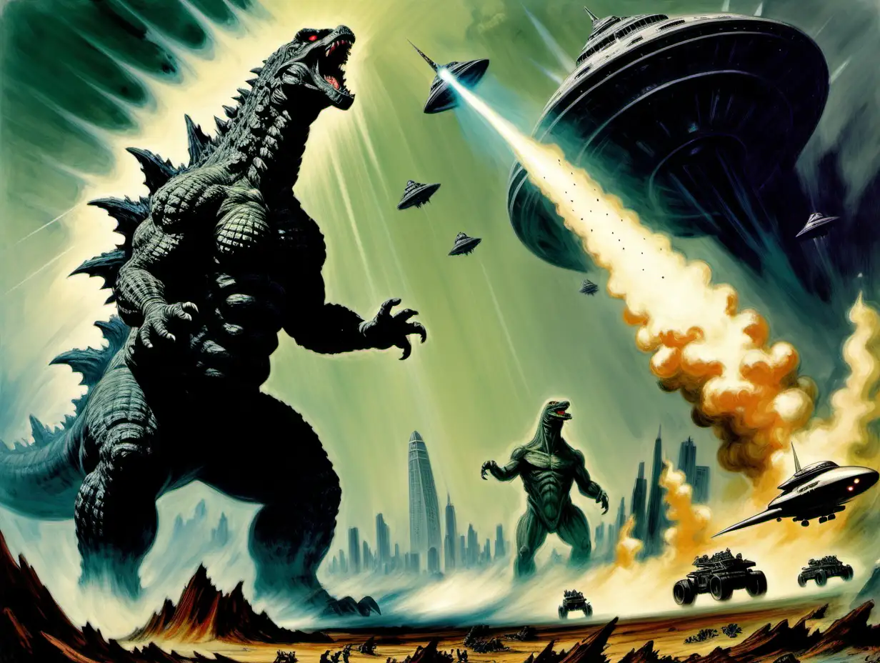 Godzilla smashing UFO's over Area 51 Frank Frazetta style