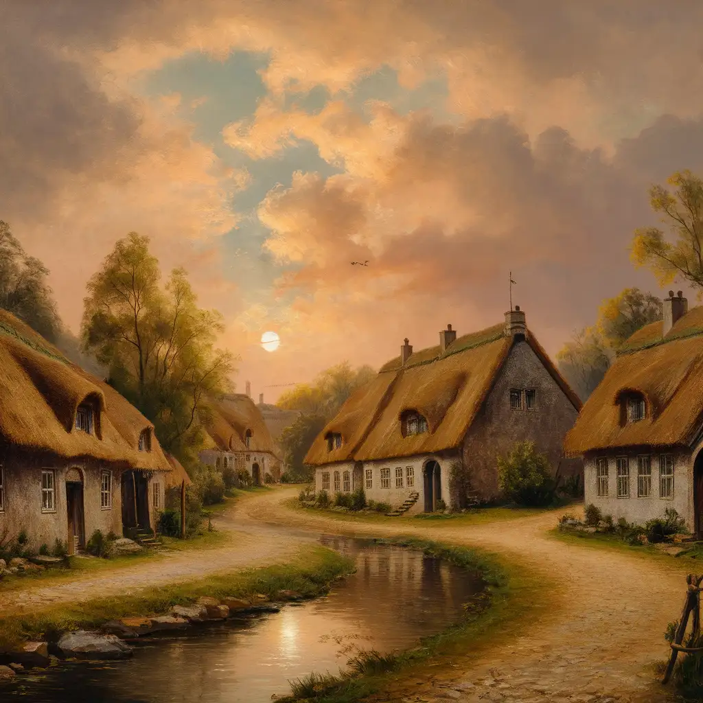 Vintage Danish Village Landscape Oil Painting