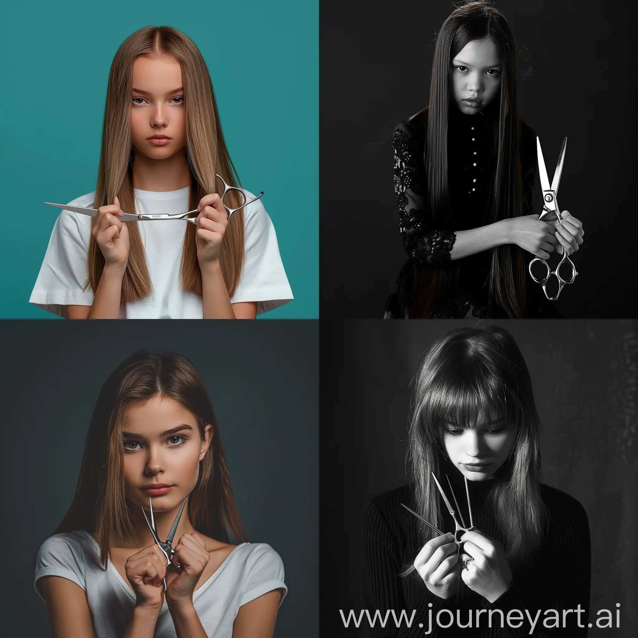 full length photo of a girl with straight hair, when she hold scissors in her hands