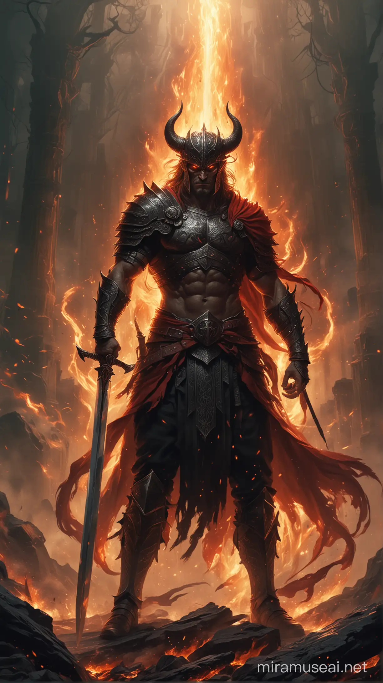 An illustration depicting a warrior's defiant stance against the Devil, with fiery determination in his eyes and a sword in hand: A powerful warrior is depicted, with eyes blazing with determination, staring down the Devil. With a sword held high in his right hand and his left hand ready for defense, he challenges the darkness with unwavering resolve. In the background, there is an aura of swirling darkness, but the warrior confronts it with unwavering determination.

