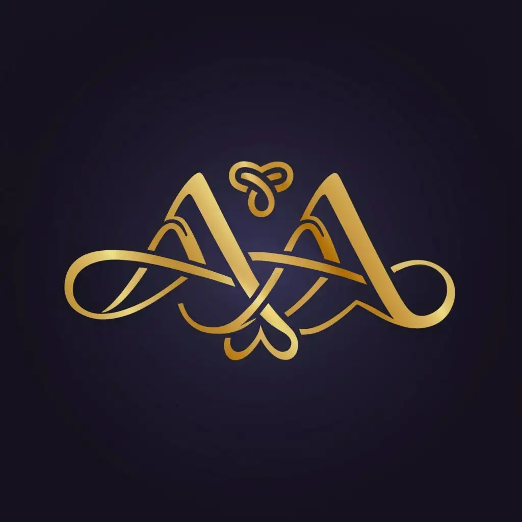 logo, letters edwardian script, the heart between both letters, creating infinity, letters in gold color, navy blue background, with the text "AA", typography