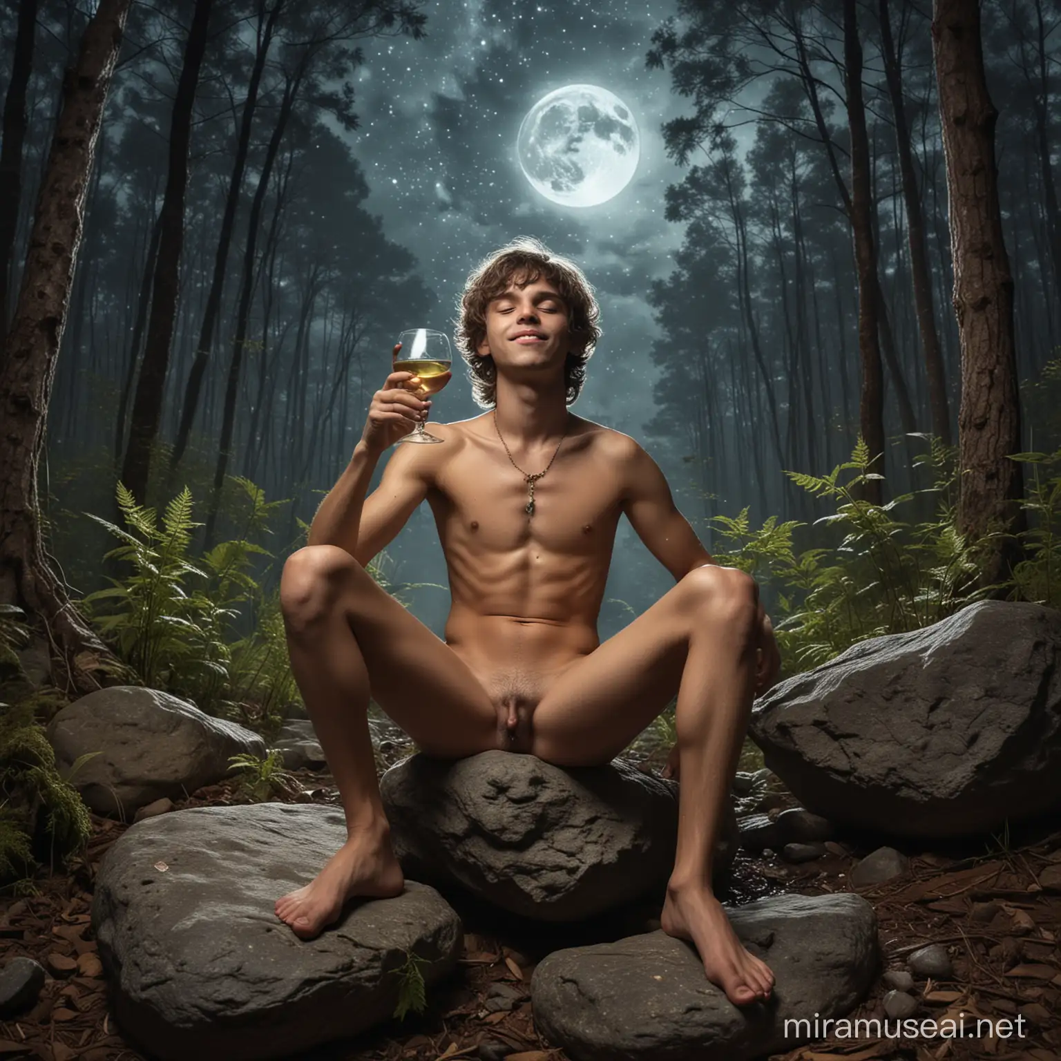 transparant glass, psychedelic, young boy naked sexy anthropomorphic, in a forest, sit down in a rock, drinking wine, smoking cannabis, moon, happy. Black sky with stars and a golden ufo. Vagalumes ao redor