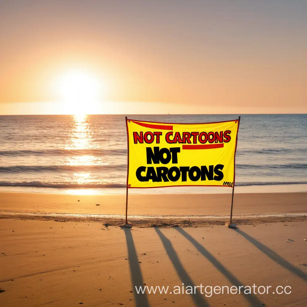 Банер на пляже на котором написано Not Cartoons. На закате