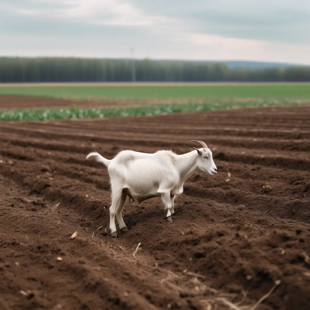 Create a picture of a plowed field and a goat in it trying to find food