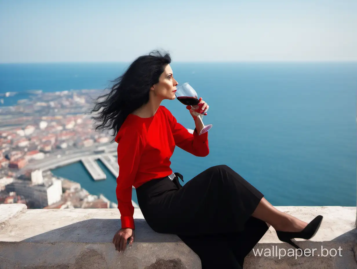 European black hair Woman 40th with red and black clothes drink wine in the high place looking to the sea