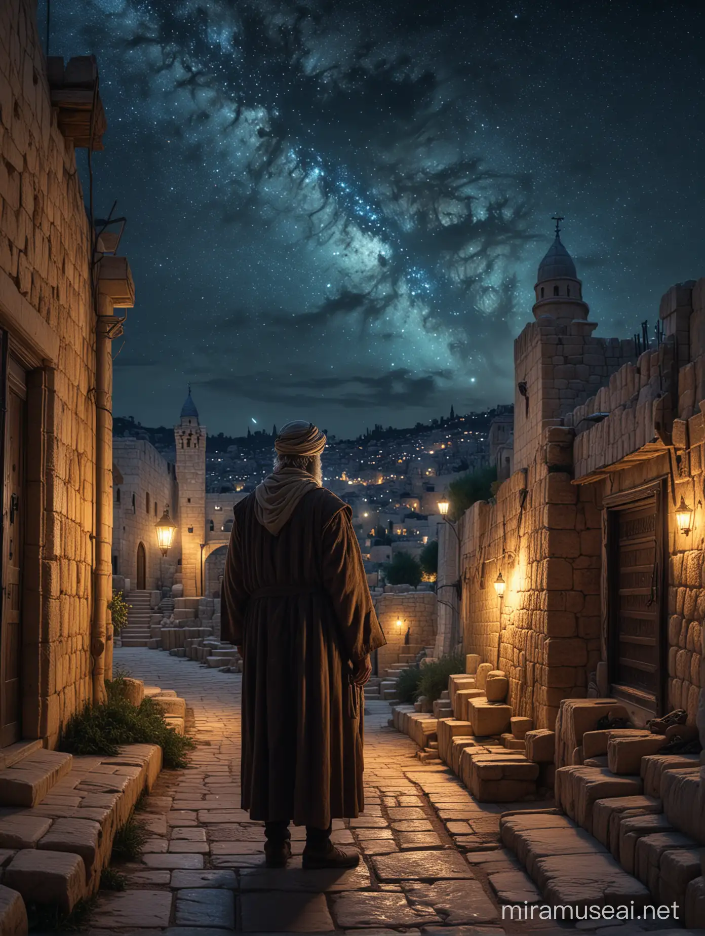  Nicodemus alone, at night, ancient Jerusalem, starlit sky, Ultra High Quality, Ultra HD, 8K, Vivid Brushstrokes