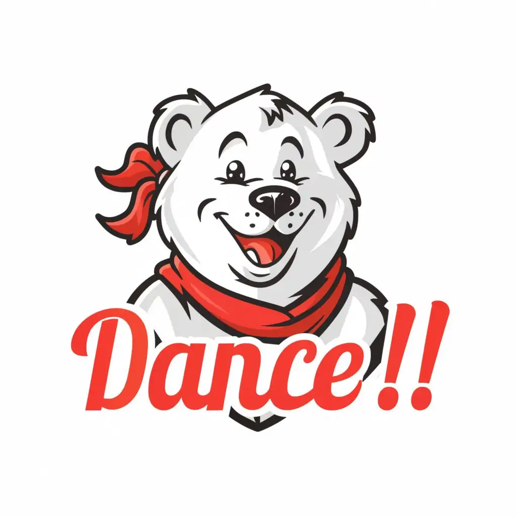 logo, happy white bear with a red scarf, with the text "Dance!", typography