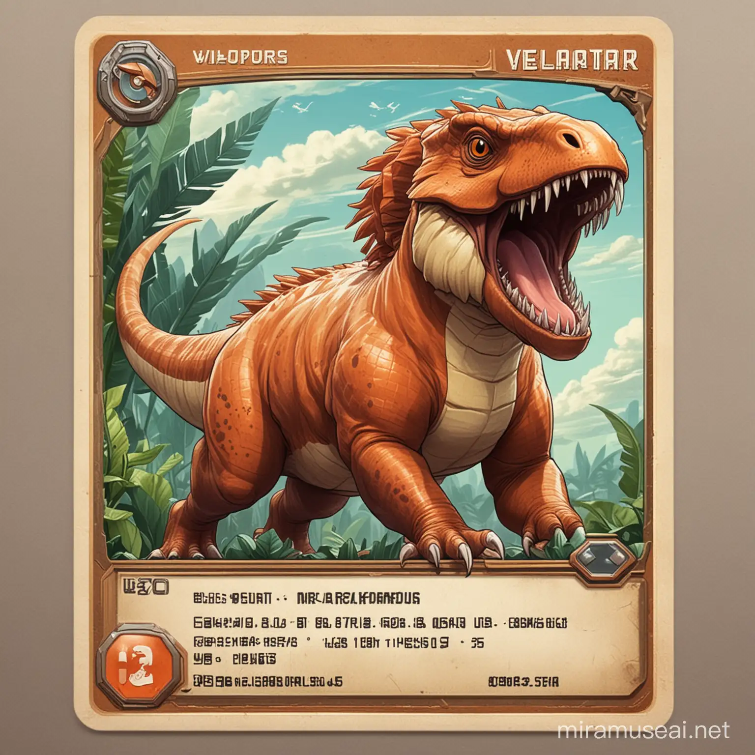 old trading card in the style of pokemon that shows a creature named "Velocilerus" that is part velociraptor and part walrus. use vibrant colors and include stats below image for "Power" and "Speed". only show the front of the card with nothing in the background.